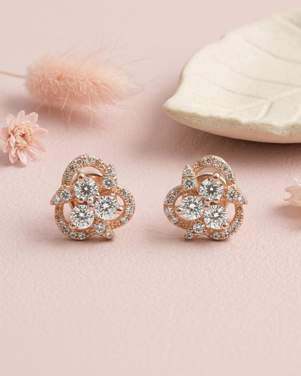 triangle floral diamond rose gold stud earrings