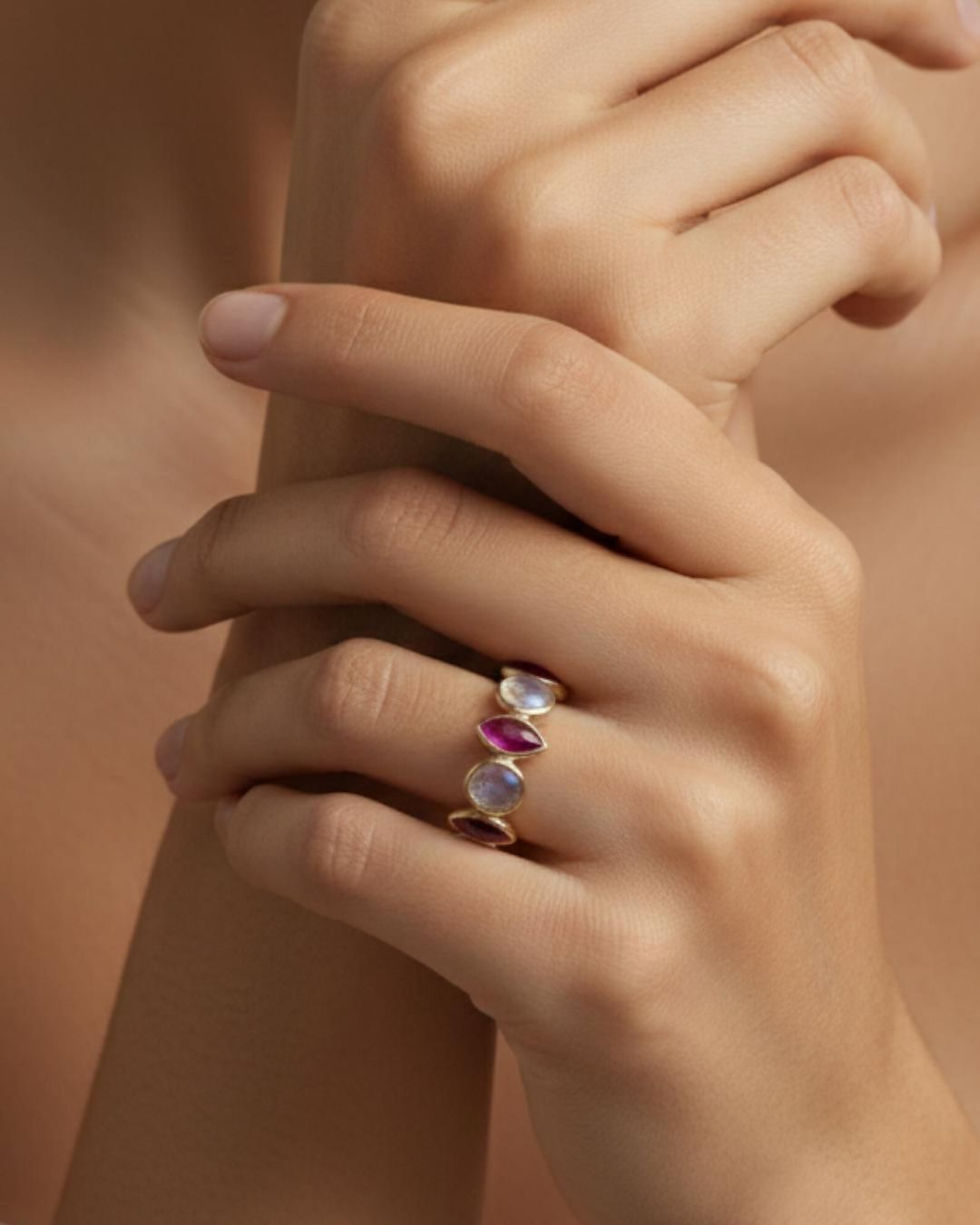 Thumbnail: ruby and rainbow moonstone stackable ring