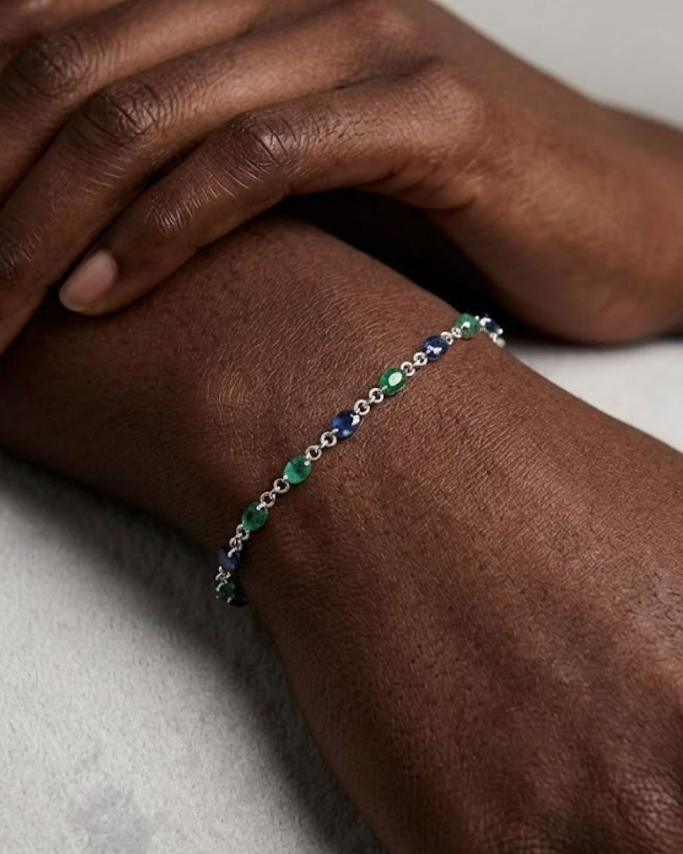 Thumbnail: stackable emerald blue sapphire silver bracelet