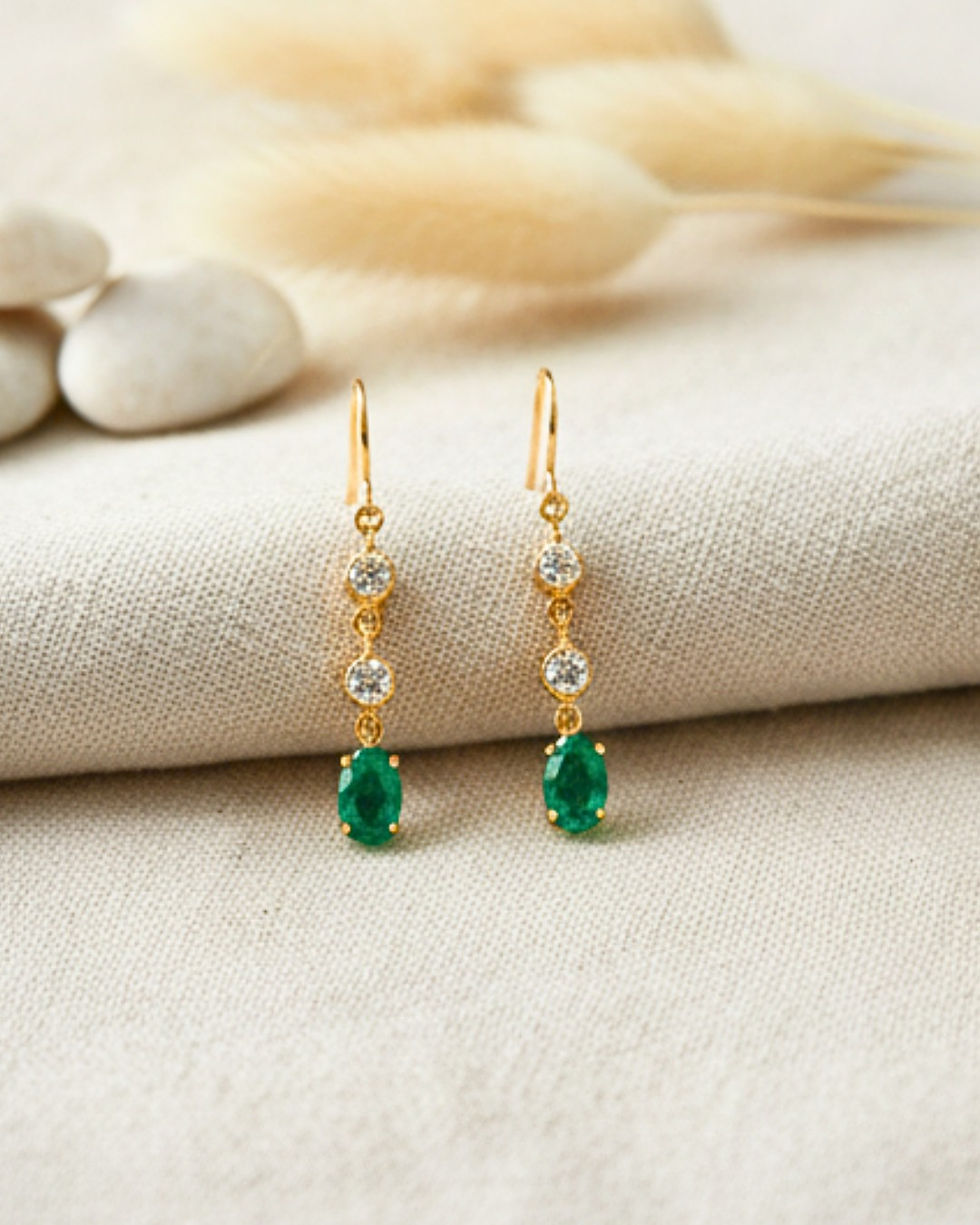 14k gold emerald and diamond drop earrings