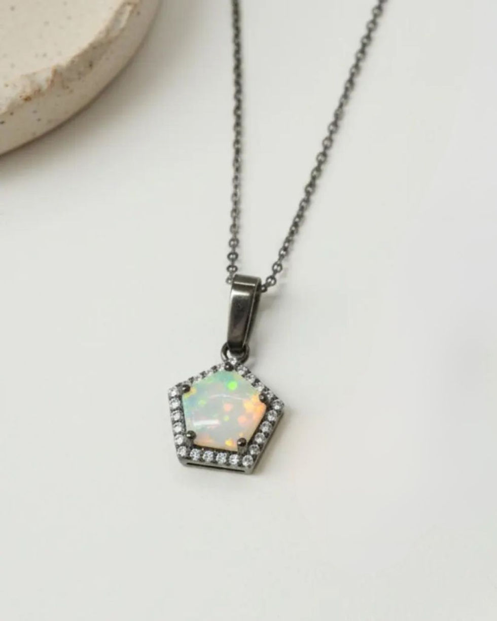 black oxidized pentagon opal necklace