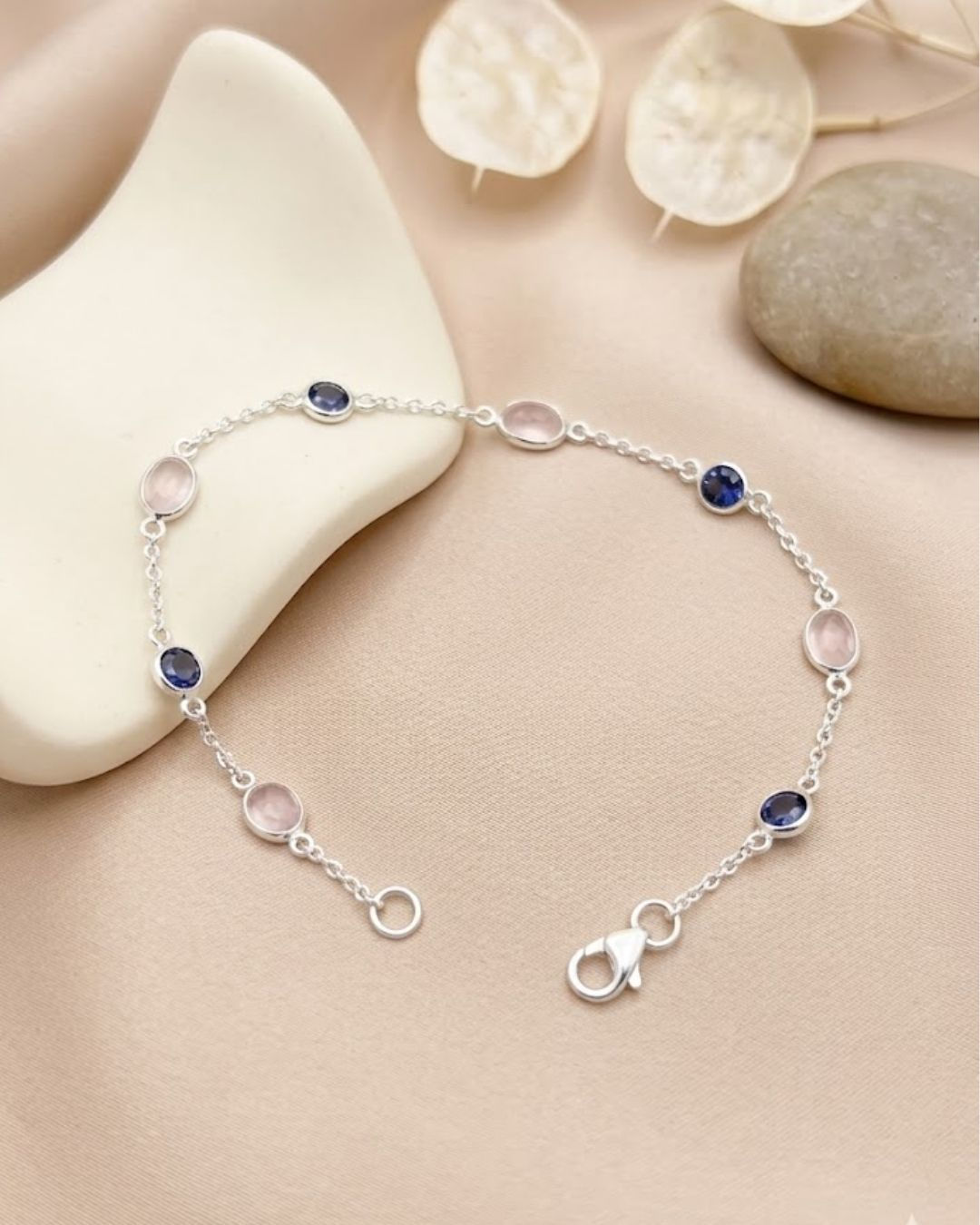 iolite rose quartz station bracelet in 925 silver