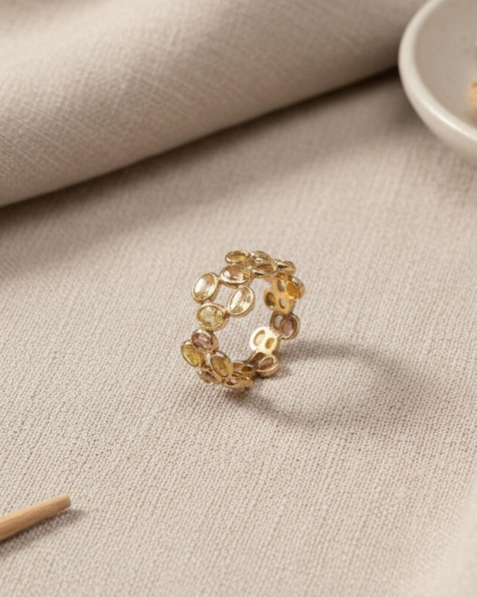 Thumbnail: multi sapphire floral band ring in solid gold