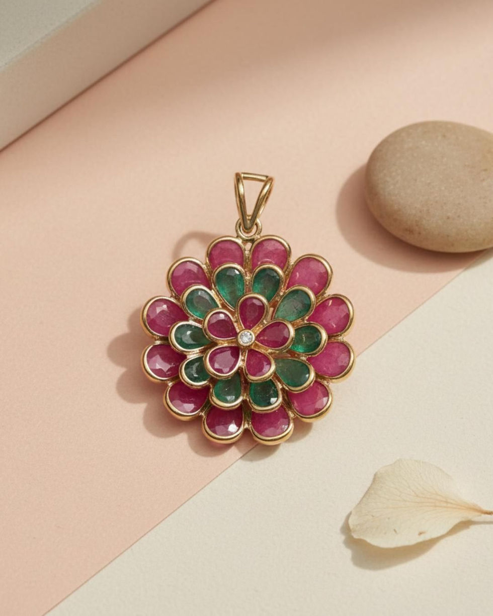 emerald ruby floral gold pendant