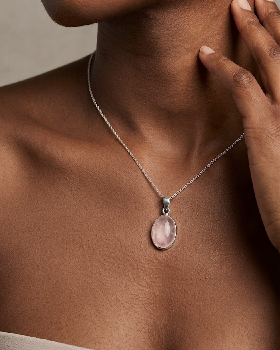 Thumbnail: oval rose quartz statement pendant