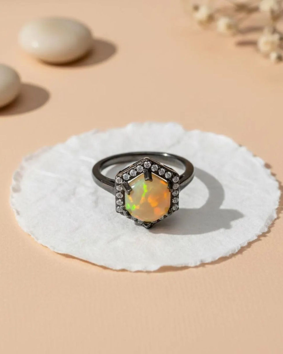 ethiopian opal hexagonal black silver ring
