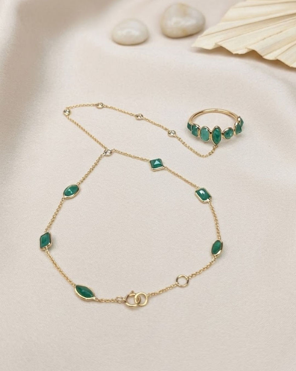 Thumbnail: Emerald & Diamond Gold Hand Chain - Dainty Hathphool Wedding Festive Jewelry