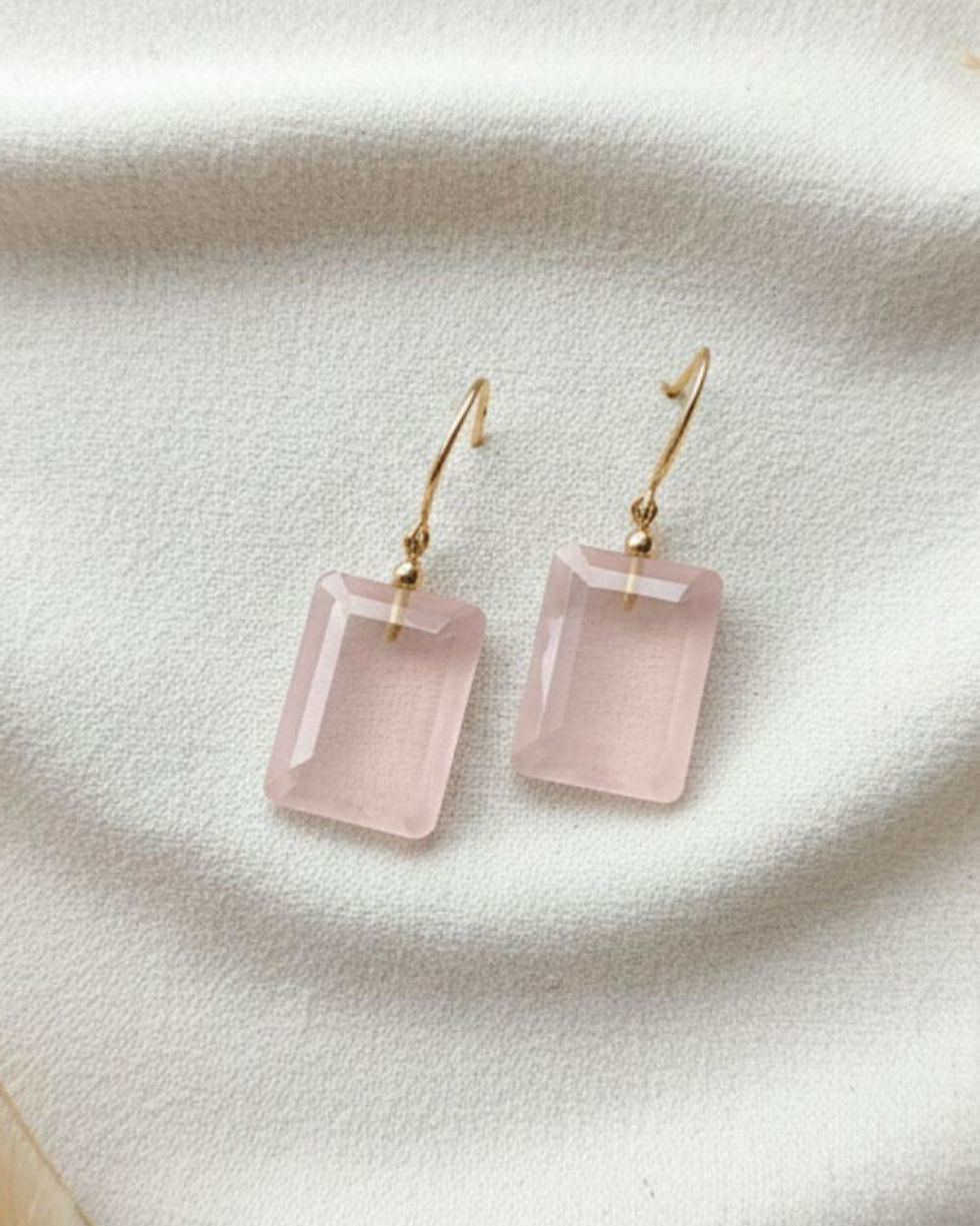 Thumbnail: rose quartz dangler earrings in gold