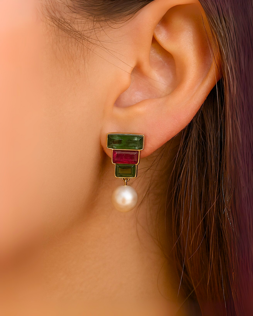 14k gold pearl and tourmaline stud earrings elegant and minimal design