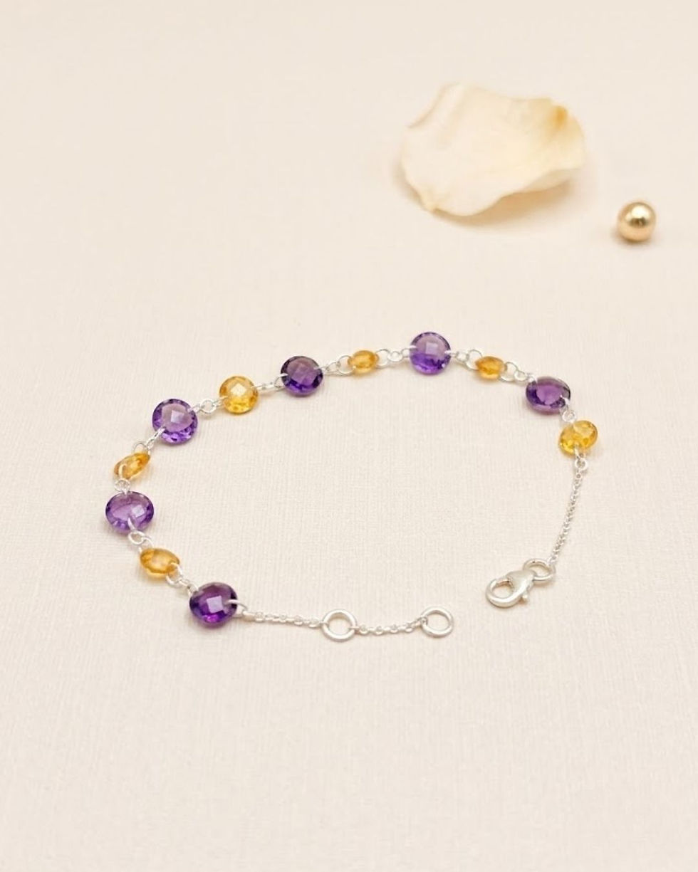 amethyst and citrine beaded bracelet in silver