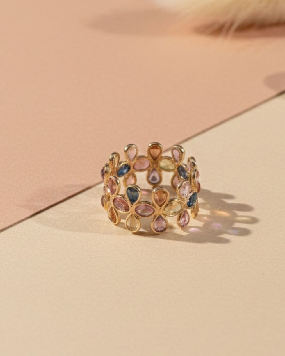 Thumbnail: floral gemstone gold band ring
