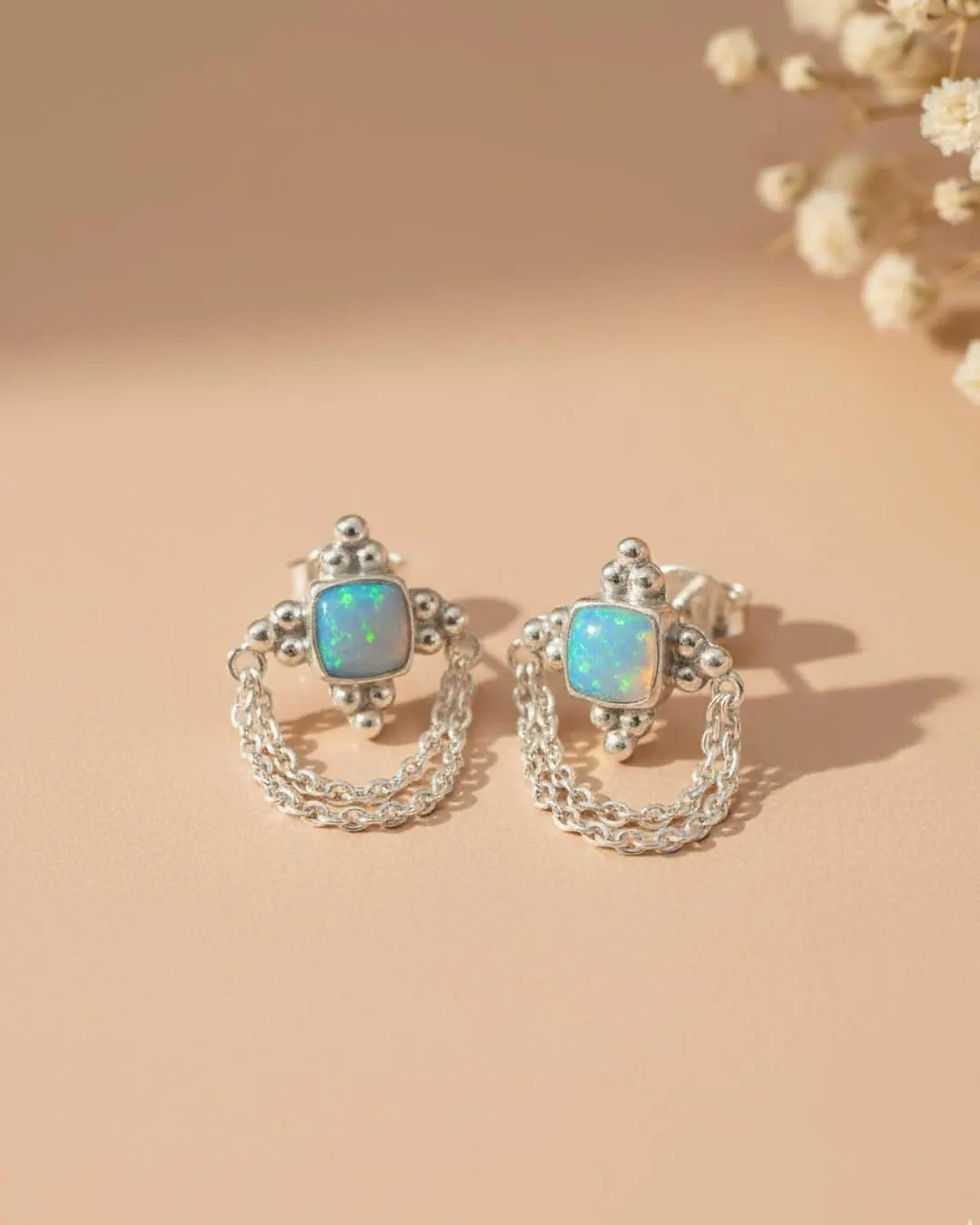 Thumbnail: designer opal stud earrings with chain drop detail