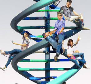 a tall DNA double-helix with 8 teenagers sitting along the rungs. The rungs should be ran