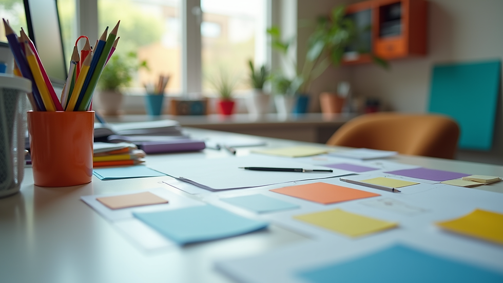 Eye-level view of a neatly organized workspace with colorful stationery
