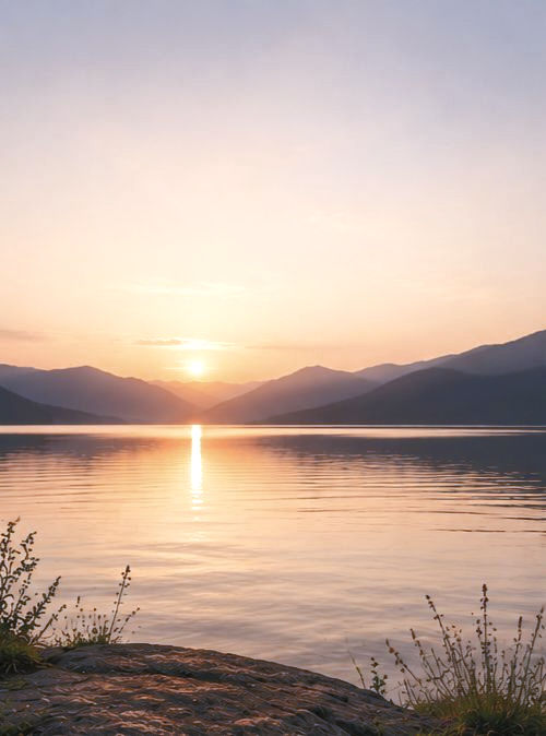 sunrise on the lake with mountains and nature
