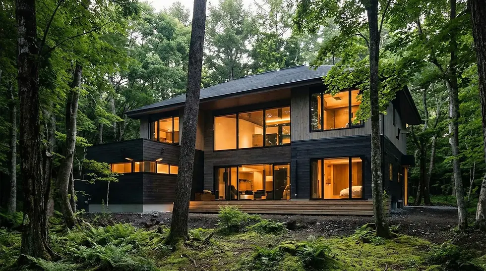 森に囲まれたリゾート施設をイメージした、夜の外観イメージ