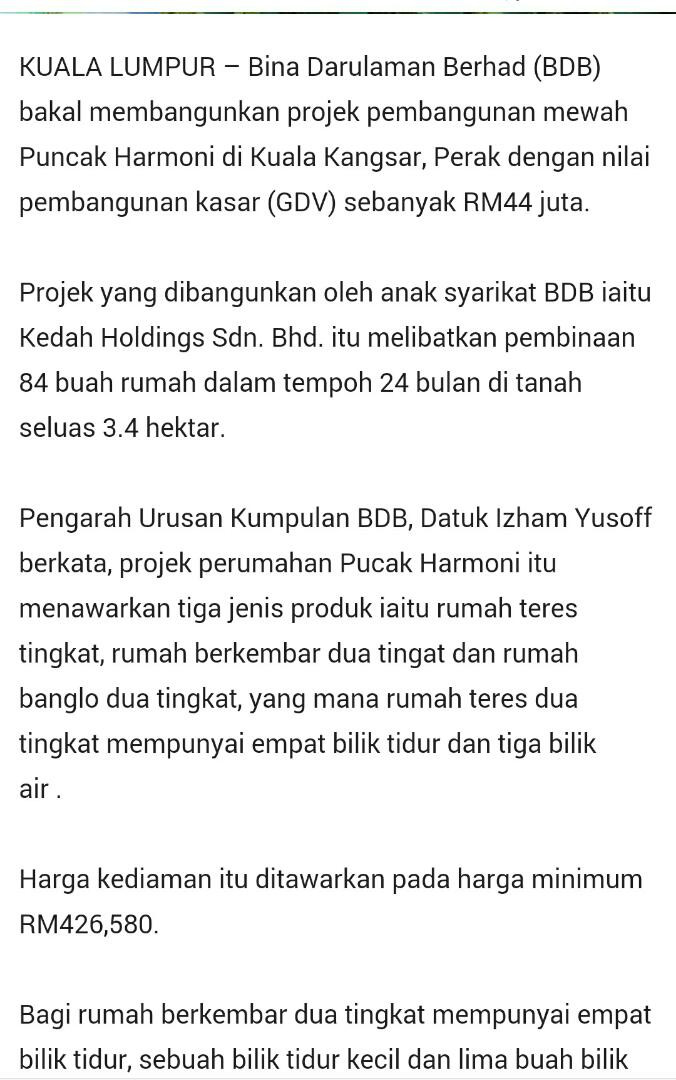 Bdb Bangun Puncak Harmoni Dengan Gdv Rm44juta Malaysiagazette