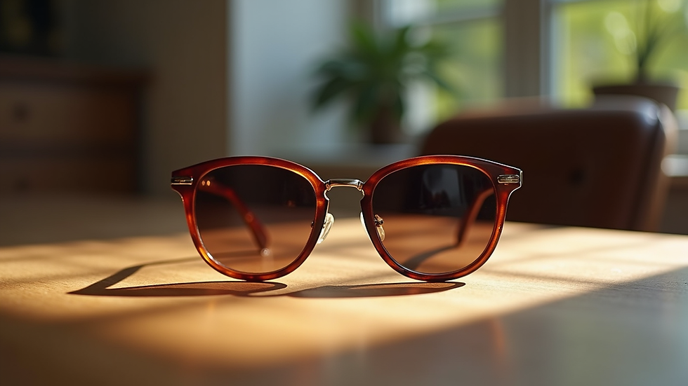 Vue de face d’une paire de lunettes en cuir sur une table en bois