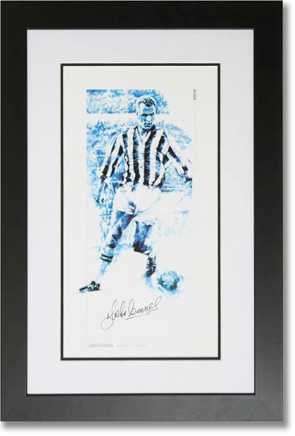 Framed signed presentation of John Charles during a Juventus match in Milan, 1957, in a black frame with a white mount.