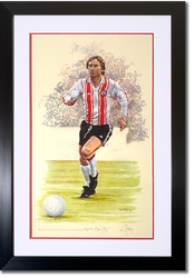 Framed limited edition signed print of Alan Ball Jr. by R E Harvey, numbered 34/750, featuring Ball in a Southampton kit
