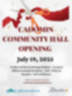 Scissors cut a red ribbon for Cadomin Community Hall Opening on July 19, 2025. Details include event times and contact info.