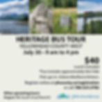 Heritage Bus Tour flyer for July 26, Yellowhead County. Includes scenery images, $40 price, lunch, 5km hike, and contact info for registration.