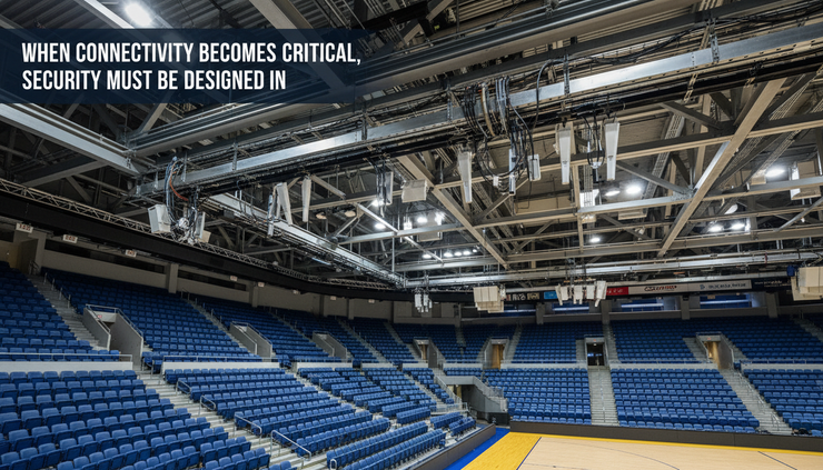 Eye-level view of antenna equipment installed above a large venue seating bowl.