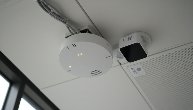Close-up view of a ceiling-mounted wireless antenna near building sensors and conduit.