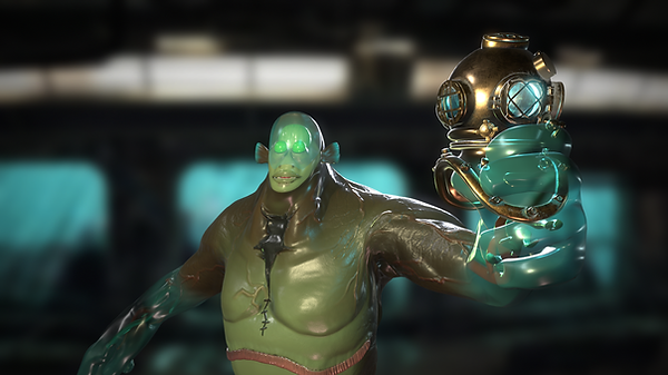 Close-up render focusing on the head, gill detail, and the salvaged diving helmet.