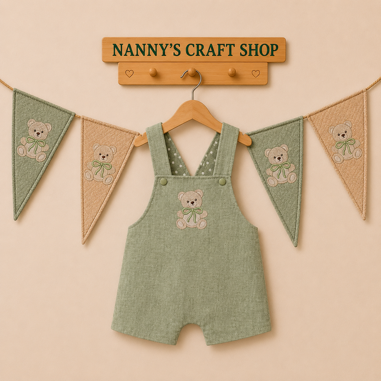 Handmade boys teddy bear overalls. Toddler romper