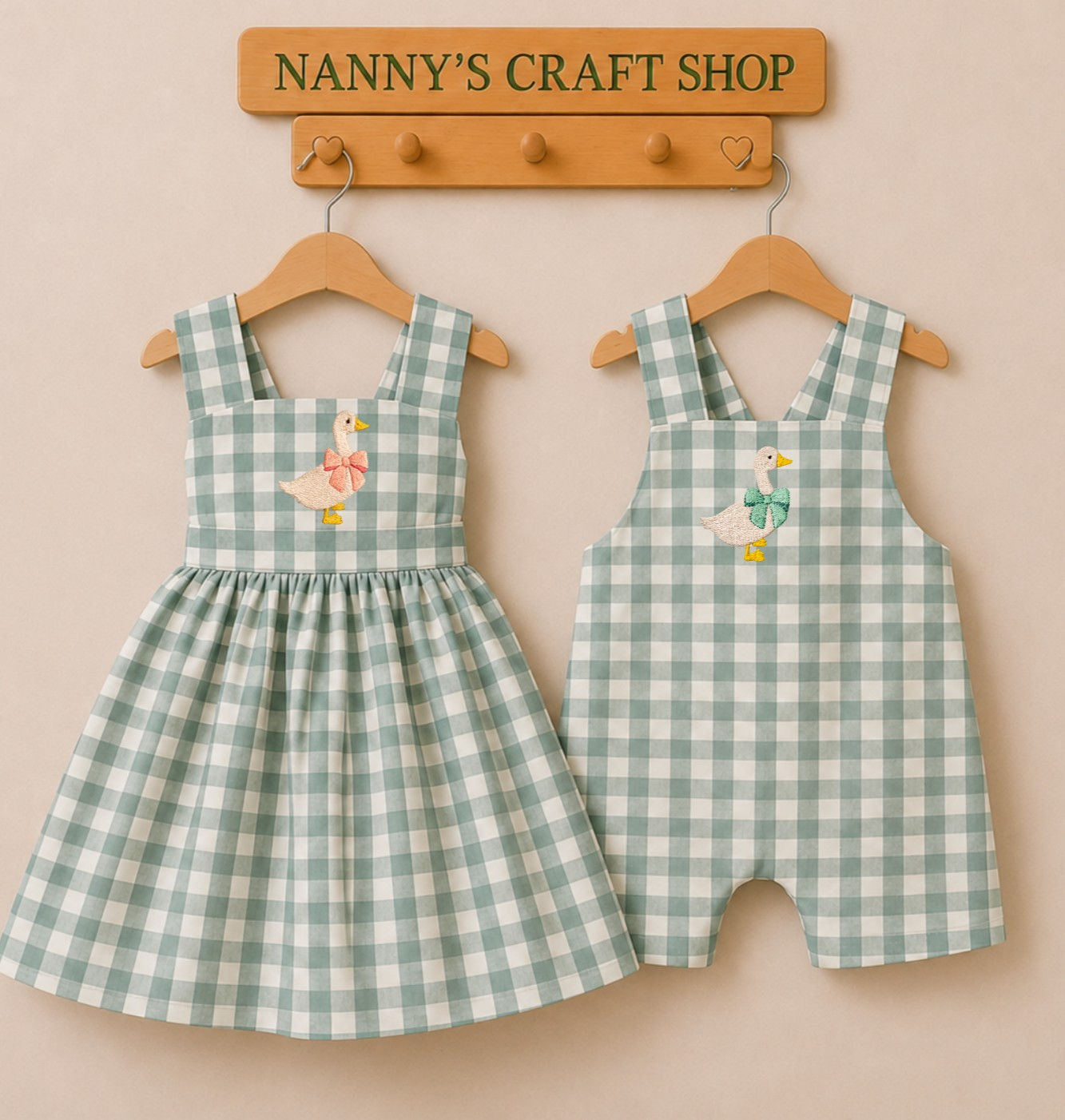 Handmade sibling outfits. Matching brother sister. Silly goose. Gingham