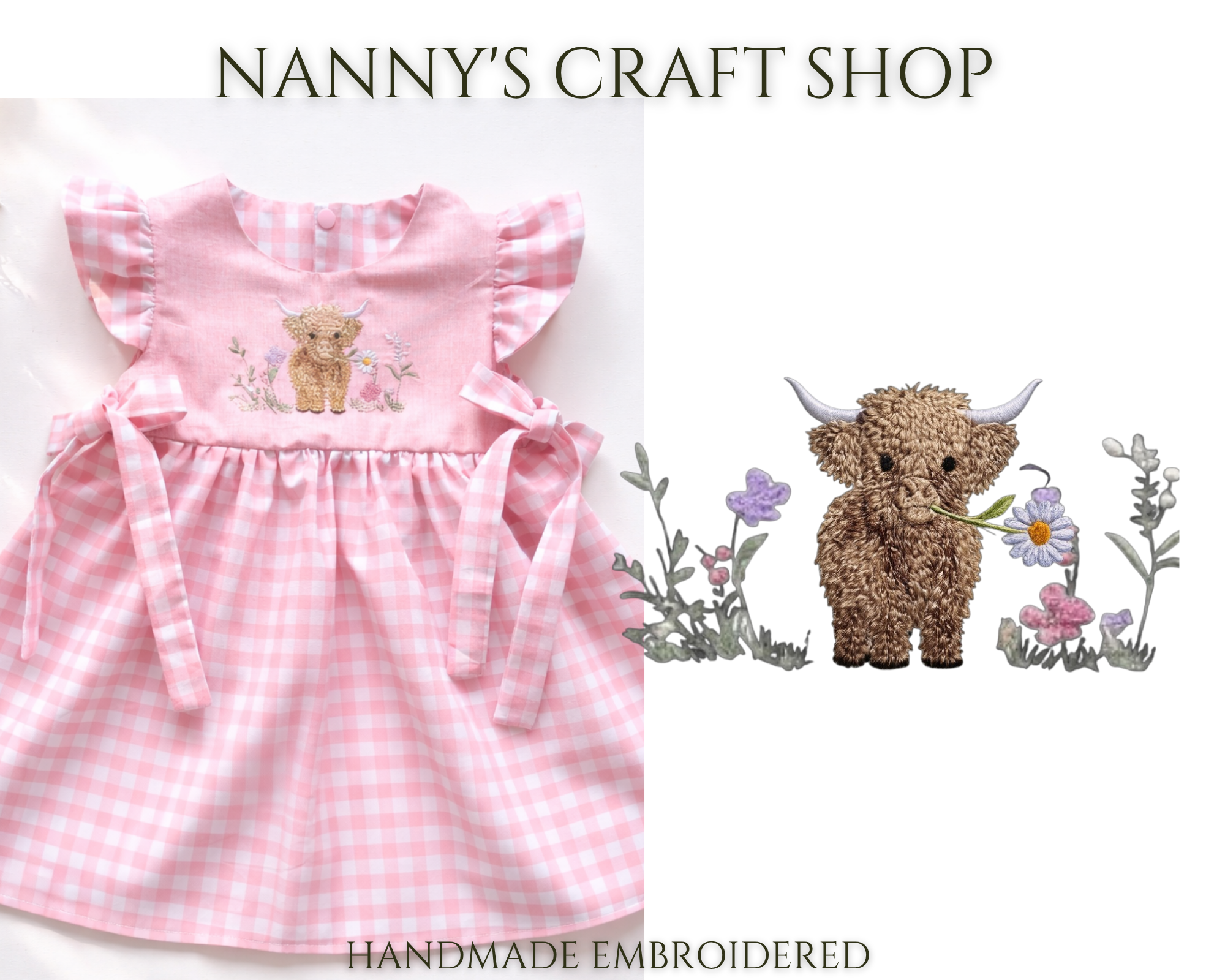 Girls handmade Highland Cow dress. Girls birthday dress. Embroidered dress