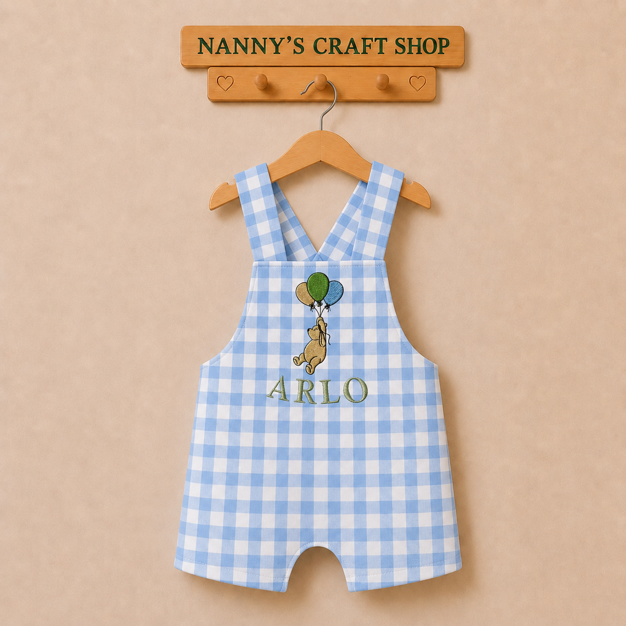 Handmade personalised boys birthday romper. Winnie the Pooh. Gingham romper