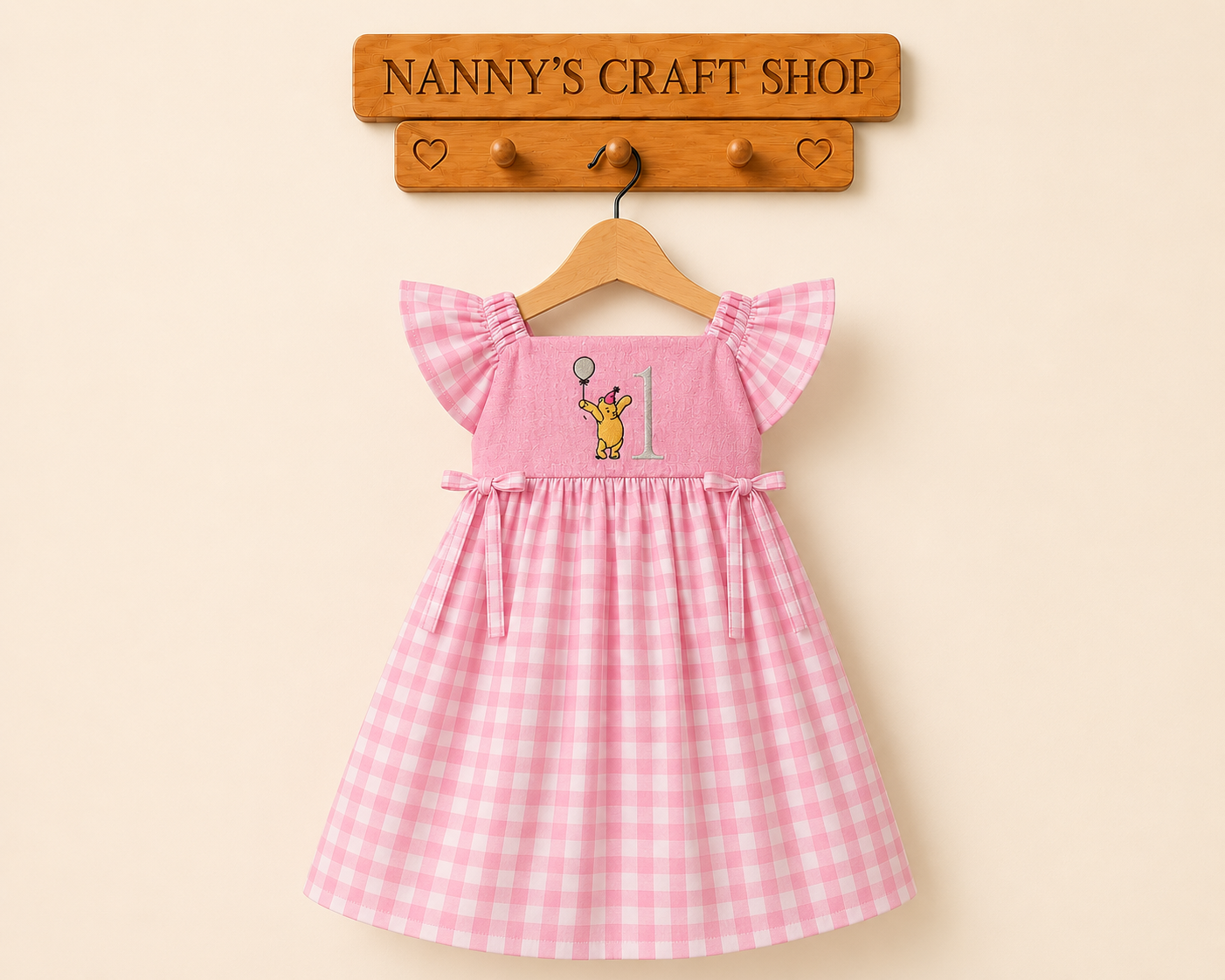 Handmade girls birthday dress. Winnie The Pooh. Girls embroidered dress. Gingham