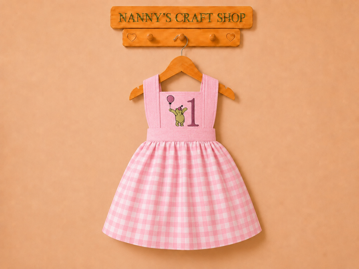 Handmade girls birthday dress. Winnie The Pooh girls dress. Pink gingham