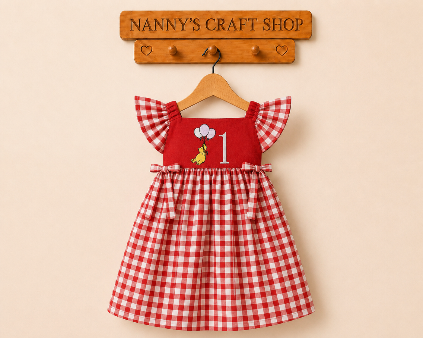 Handmade girls birthday dress. Winnie The Pooh. Girls embroidered dress. Gingham