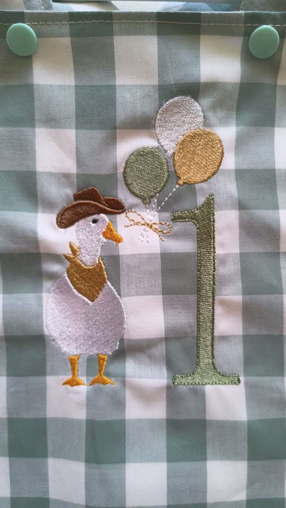 Thumbnail: Handmade boys birthday romper. Cowboy goose 1st Birthday. Gingham overalls