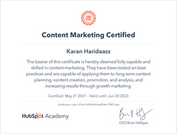 hubspot certificate - karan haridaass.pn
