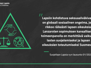 Lausuimme työryhmän ehdotuksesta Lanzaroten sopimuksen kansalliseksi toimeenpanosuunnitelmaksi