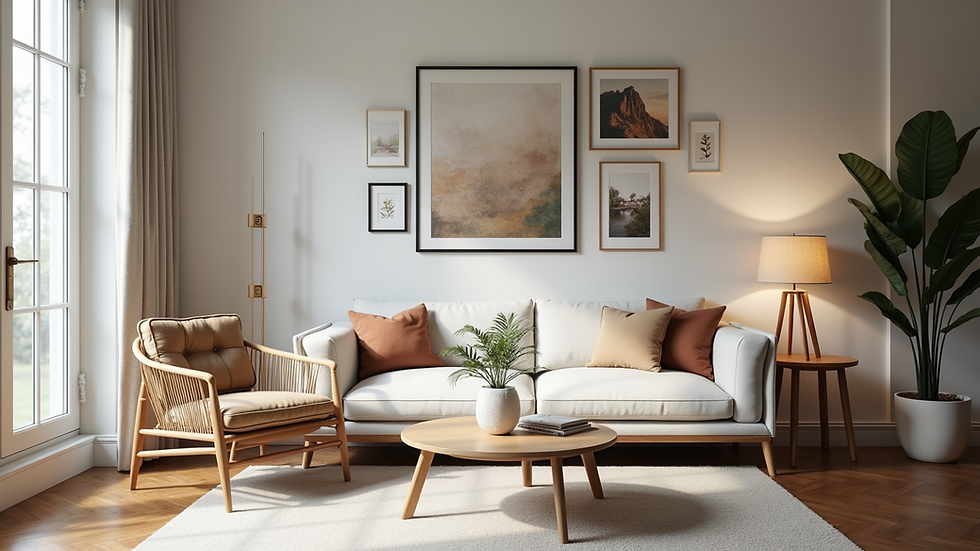 Eye-level view of a living room wall with a gallery of framed art and photographs