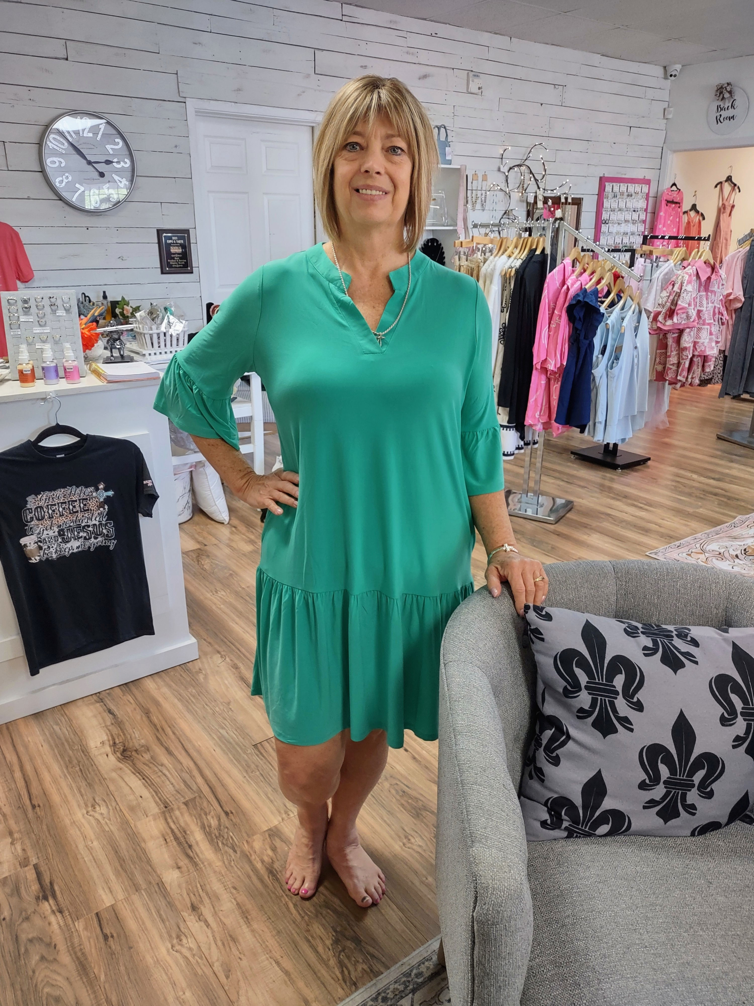 Shirred Tiered Dress, Emerald 
