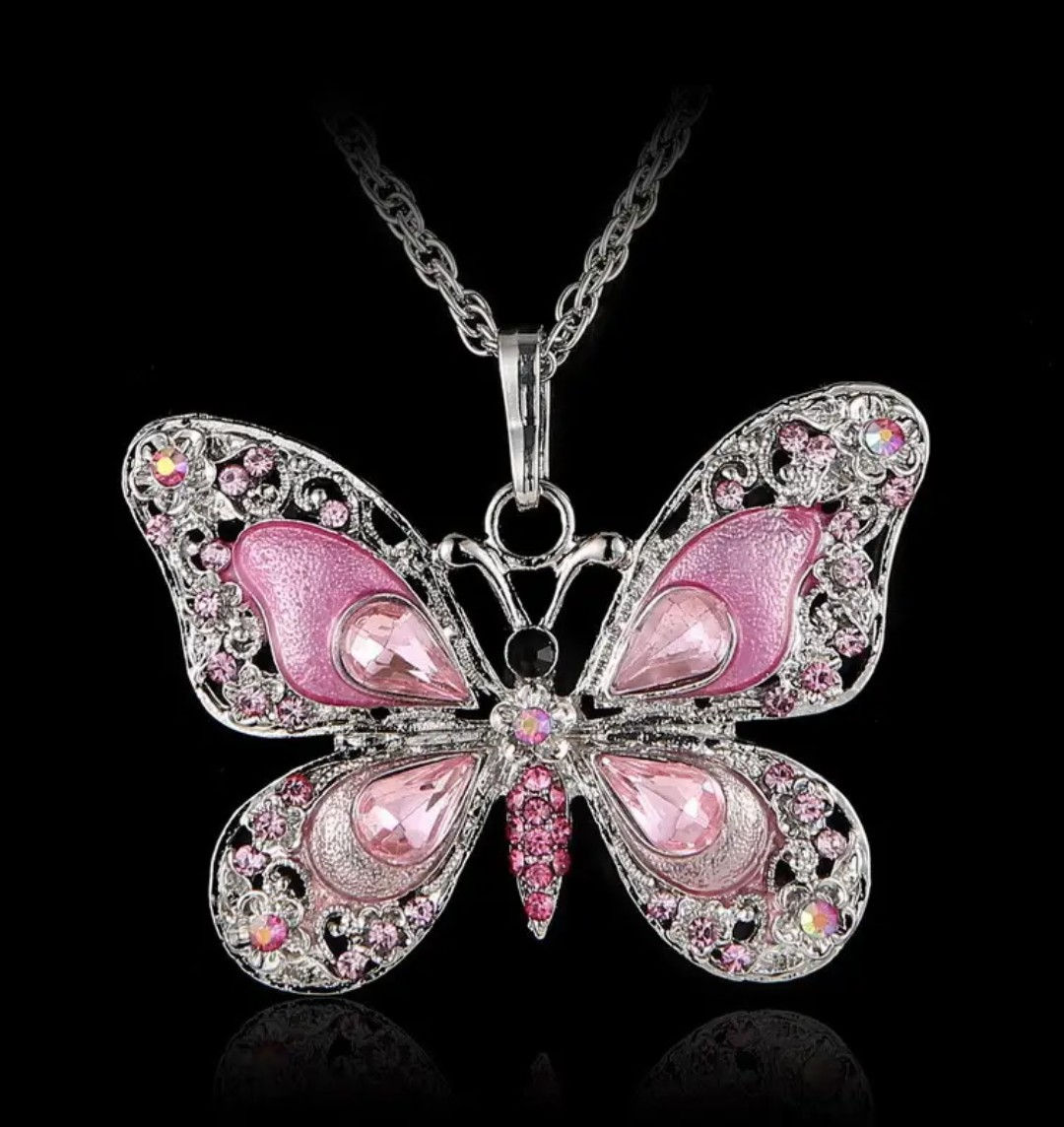 Rhinestone Butterfly Necklace, Pink
