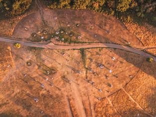 Aerial view of a park with people gathering. Paths cross dry, golden grass. Long shadows cast by the setting sun create a warm mood.