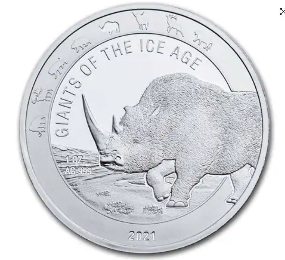 MONEDA 1 OZ PLATA - RINOCERONTE LANUDO GHANA (2021)