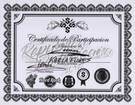 Certificado de participación de Karla Flores with Hard Rock logo and signatures karlaflorestattooart