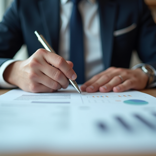 Businessman in suit writes on a financial report with charts at a desk, with a phone beside him in a blurred office.