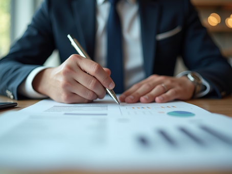 Businessman in suit writes on a financial report with charts at a desk, with a phone beside him in a blurred office.
