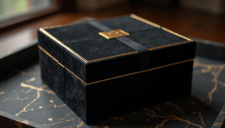 Close-up view of an elegant black velvet luxury gift box with gold trim