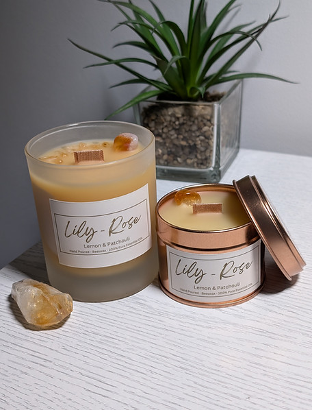Lily-Rose Lemon & Patchouli wooden wick candles in frosted glass and rose gold tins, infused with citrine crystal and made from pure beeswax