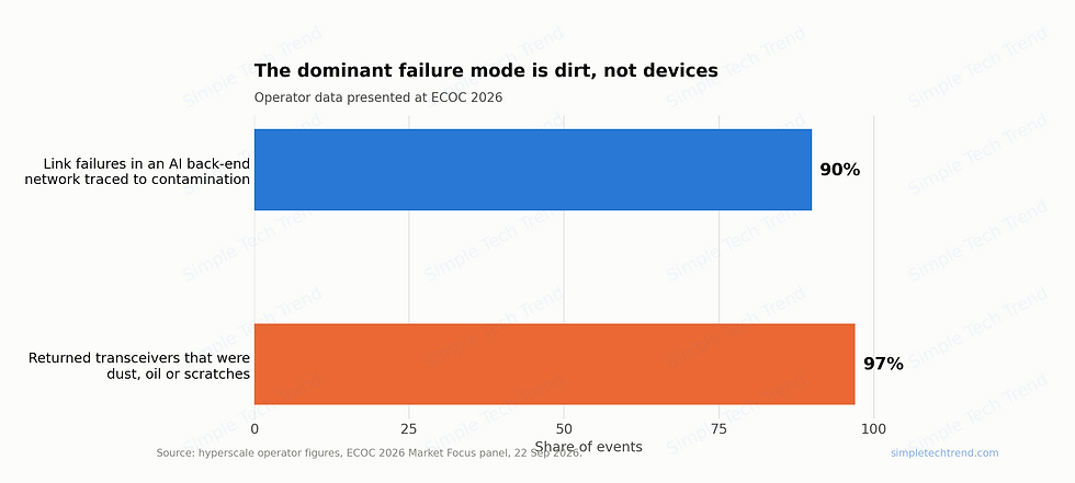 The Dominant Failure Mode Is Dirt, Not Devices: failure attribution in AI back-end networks | Source: ECOC 2026 Market Focus panel (9/22), hyperscaler operations data